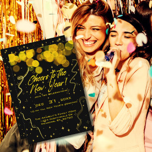 Golden Bokeh Lights Cheers to New Year Party  Invitation