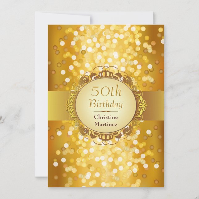 Golden Bokeh Photo 50th Birthday Party Invitation (Front)
