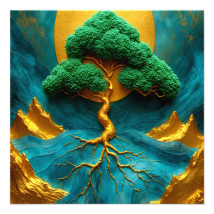 Golden Bonsai Moonlight – Teal Waterfall Zen Wall Photo Print