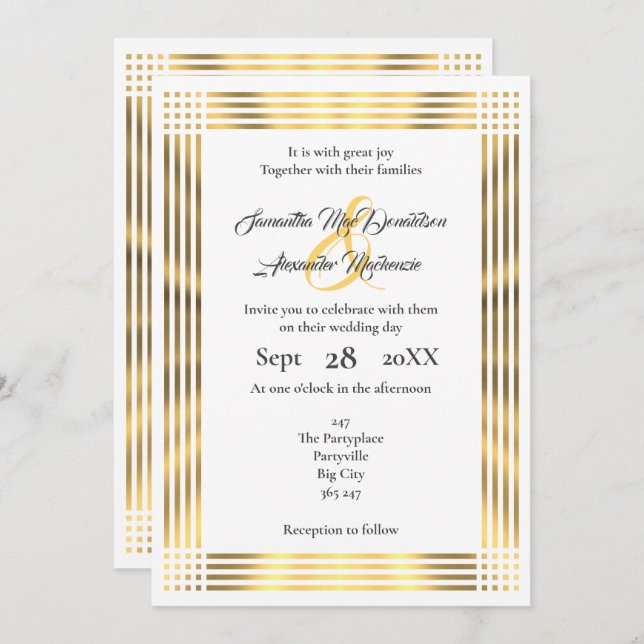 Golden border plain simple wedding invitation (Front/Back)
