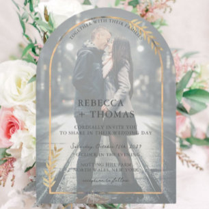 Golden Botanical Arch Faux Vellum Photo Wedding Invitation