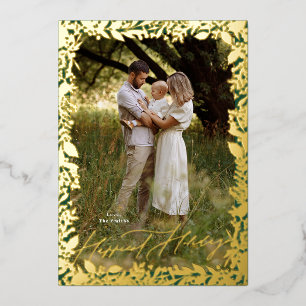 golden botanical christmas photo frame gold foil holiday card