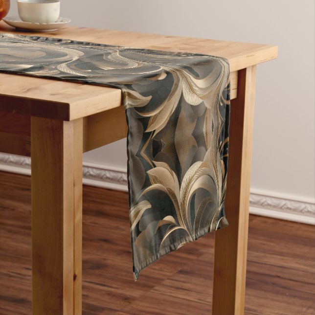 Golden Botanical Flow Elegant Short Table Runner (In Situ)