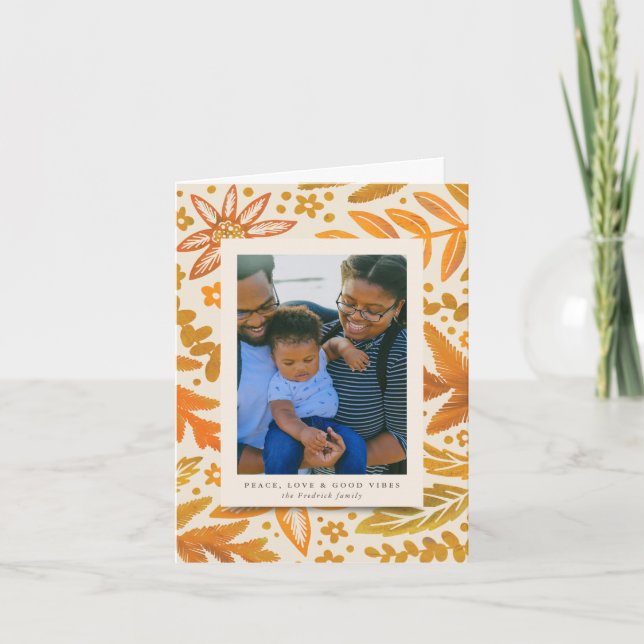 Golden Botanical Frame Christmas Photo Card (Front)