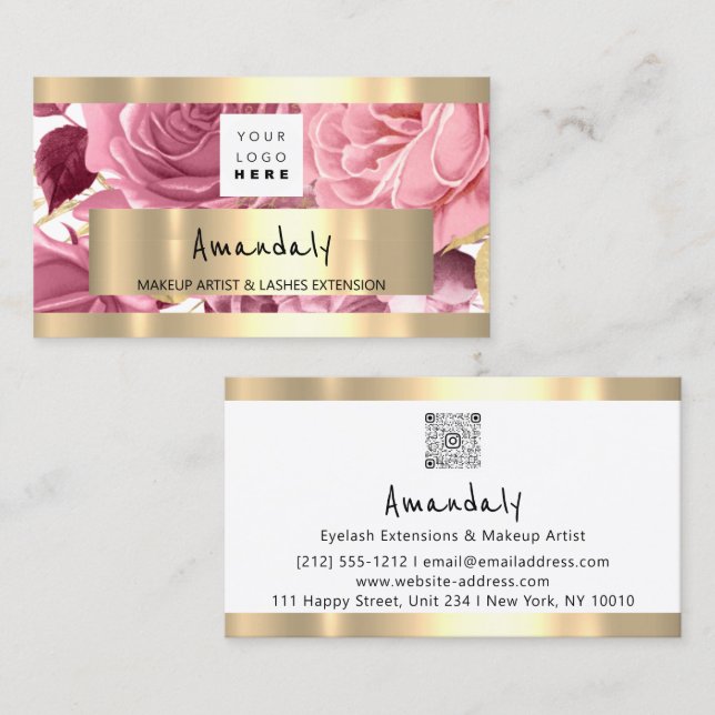 Golden Boutique Shop QR CODE Logo Pink Roses Business Card (Front/Back)