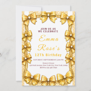 Golden Bow 12th Birthday Invitation