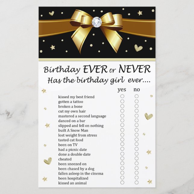 Golden bow Birthday Ever or Never Game (Front)