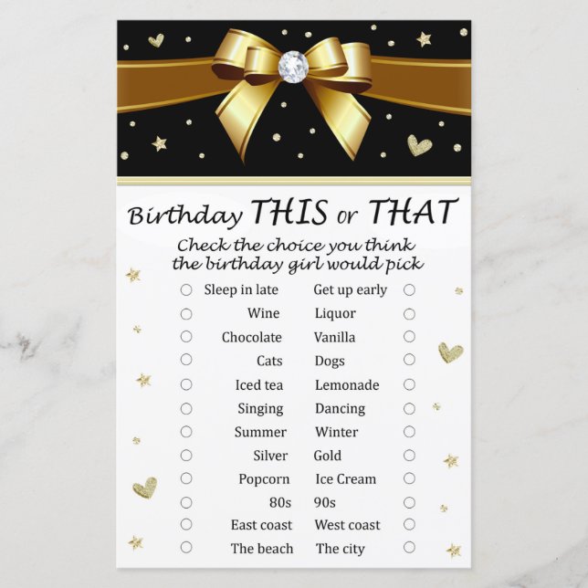 Golden bow Birthday This or That Game (Front)