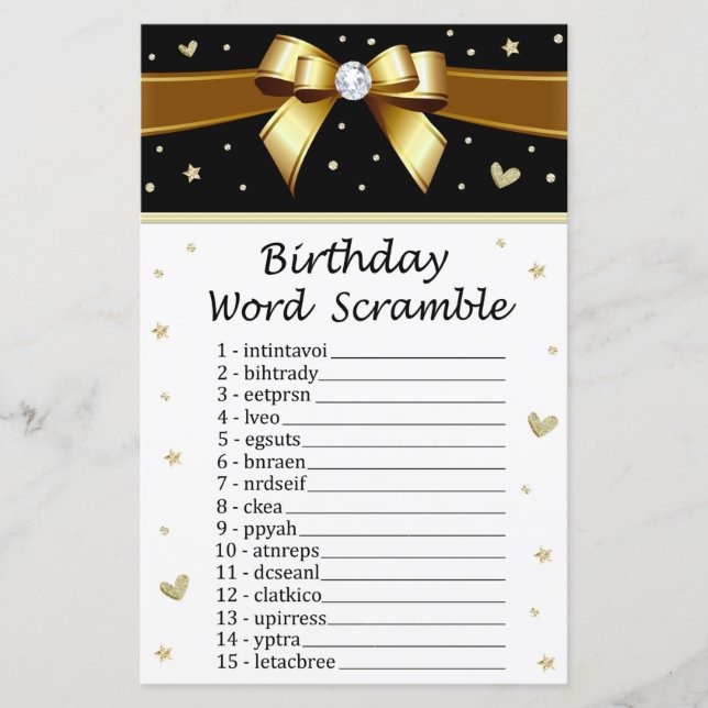Golden bow Birthday Word Scramble Game (Front)