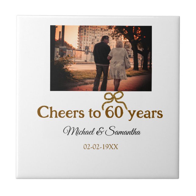 Golden bow cheers to 60 years anniversary wedding  ceramic tile (Front)