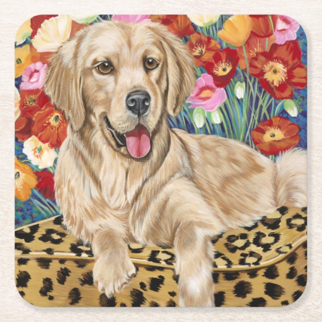 Golden Boy Retriever Square Paper Coaster (Front)