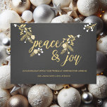 Golden Branches and Cones Peace and Joy Chalkboard Holiday Card<br><div class="desc">A beautiful chalkboard look background with gold and white branches, leaves, pine cones, and berries with text that reads Peace and Joy and areas you can customise with a message and your business or corporation name. The back of these holiday cards has a black chalkboard look background with matching gold...</div>