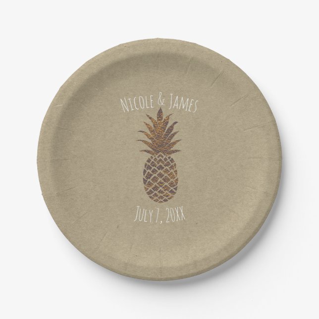Golden Bronze Pineapple Kraft Natural Tropical Paper Plate (Front)