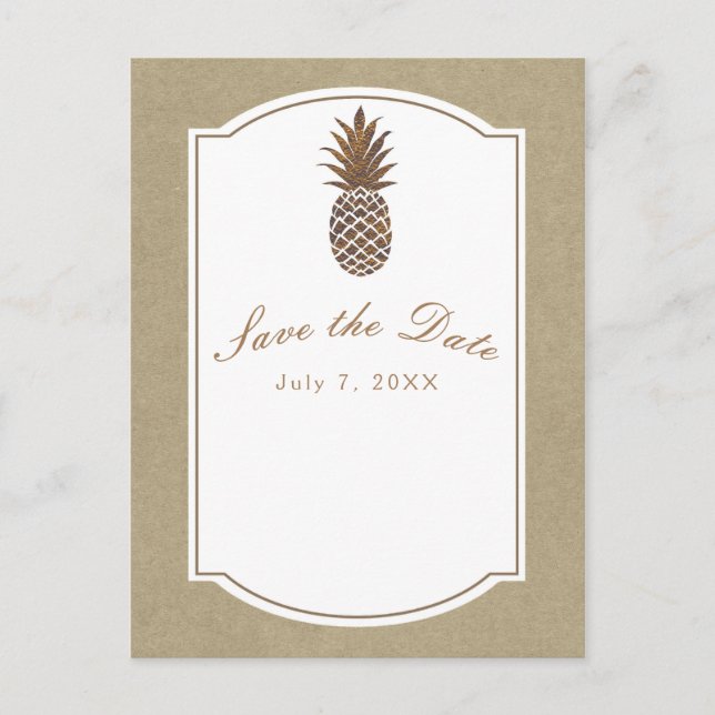Golden Bronze Pineapple Kraft Save the Date Announcement Postcard (Front)