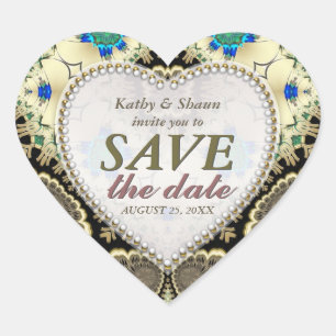 Golden Bronze Vintage Save the Date Heart Stickers