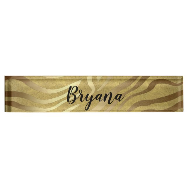 Golden Bronze Zebra Print Jungle Safari Glam Nameplate (Front)