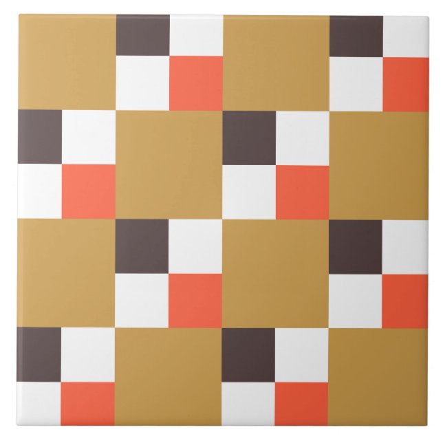 Golden Brown and Coral Chequered Pattern Ceramic Tile (Front)