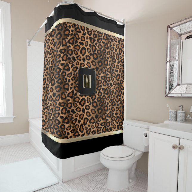 Golden Brown & Black Leopard Pattern - Monogram Shower Curtain (In Situ)