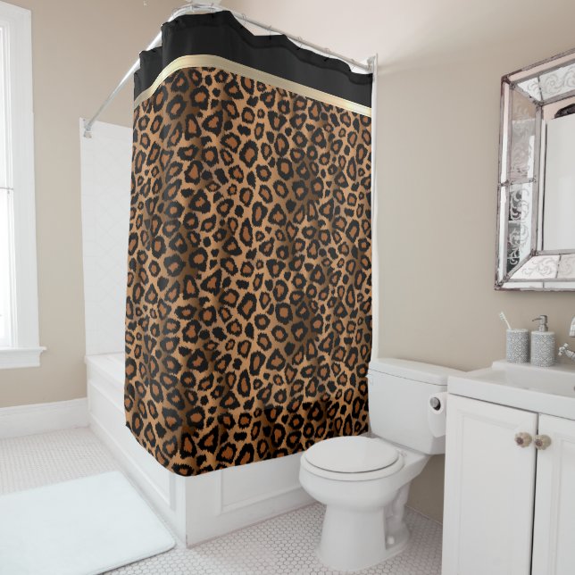 Golden Brown & Black Leopard Pattern Shower Curtain (In Situ)