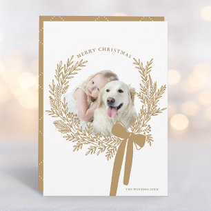 Golden Brown Christmas Wreath Minimal Photo Holiday Card