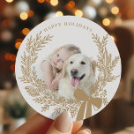 Golden Brown Christmas Wreath Photo  Classic Round Sticker<br><div class="desc">Holiday photo sticker with a simple Christmas wreath. For more advanced customisation of this design,  please click the DESIGN TOOL BUTTON above!</div>