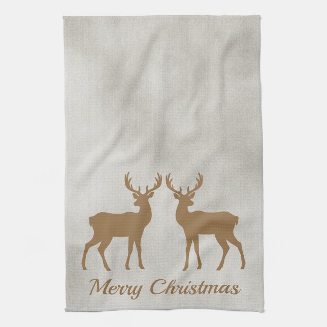 Golden Brown Deer Shapes On Faux Velvet Texture Tea Towel (Vertical)