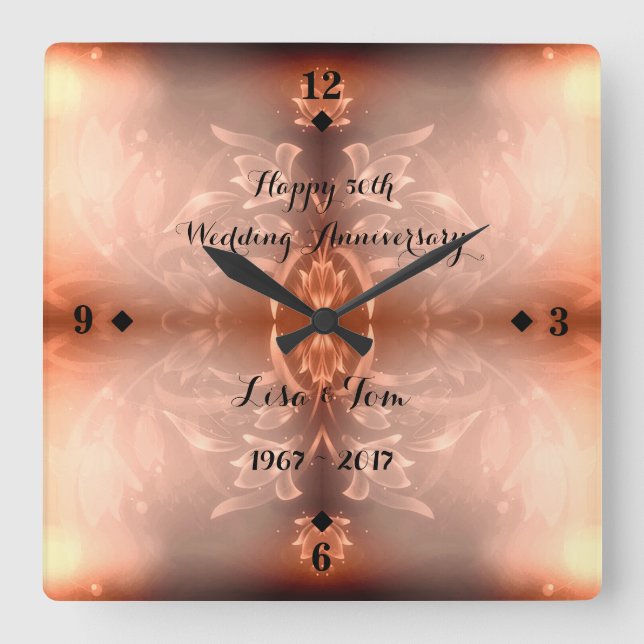 Golden Brown Floral 50th Wedding Anniversary Square Wall Clock (Front)