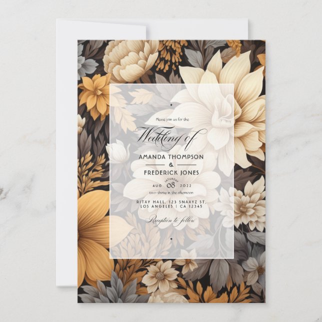 Golden Brown Floral Spring Wedding Invitation (Front)