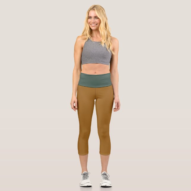 Golden Brown & Green Elegant, Fun Two-Colour Combo Capri Leggings (Front)