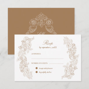 Golden Brown Romantic Ornaments Wedding RSVP Card