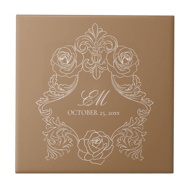 Golden Brown Victorian Monogram Logo Ceramic Tile (Front)