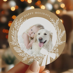 Golden Brown & White Christmas Wreath Photo  Classic Round Sticker