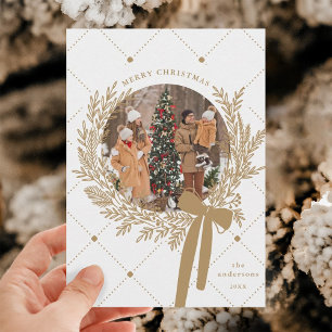 Golden Brown & White Christmas Wreath Photo Holiday Card