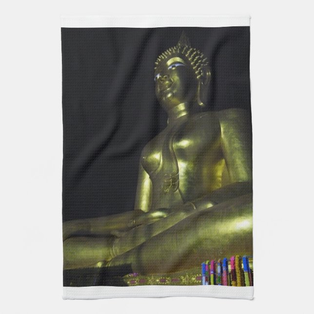 Golden Buddha at Night Tea Towel (Vertical)
