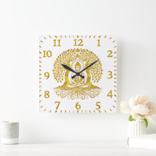 Golden Buddha Meditating Among Trees Square Wall Clock