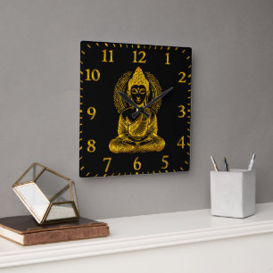 Golden Buddha Sculpture in Serene Meditation Pose Square Wall Clock