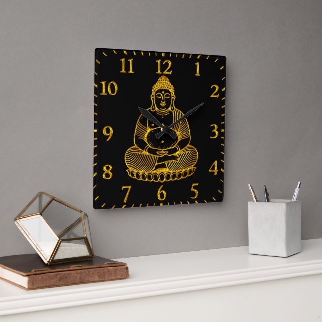 Golden Buddha Statue Meditating in Peaceful Pose Square Wall Clock (Office)