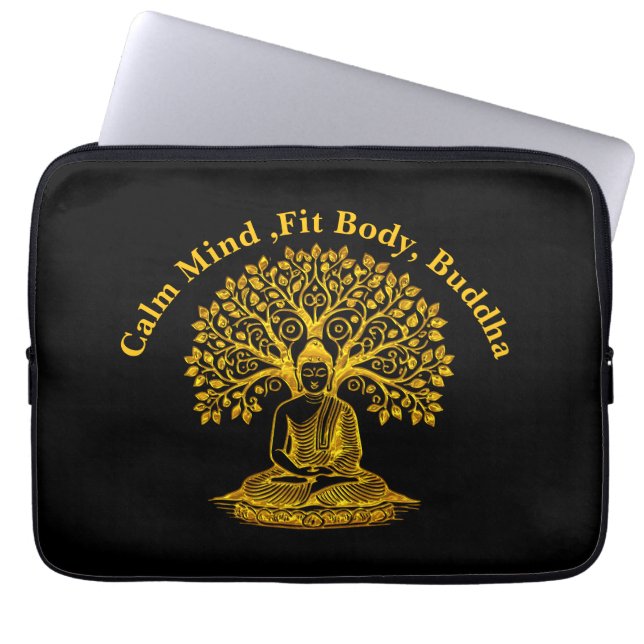 Golden Buddha Under a Tree in Peaceful Meditation Laptop Sleeve (Front)