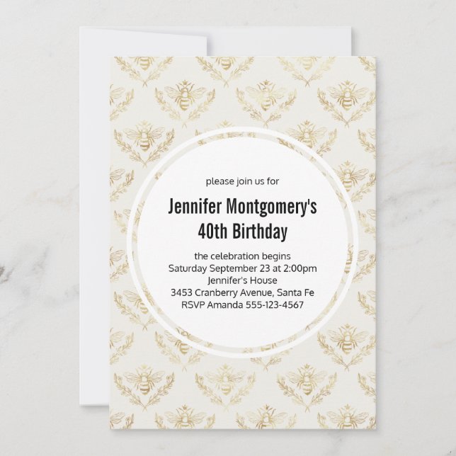 Golden Bumble Bee Pattern Birthday Invitation (Front)