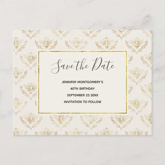 Golden Bumble Bee Pattern Save the Date Invitation Postcard (Front)