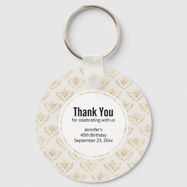 Golden Bumble Bee with a Crown Pattern Birthday Key Ring (Front)