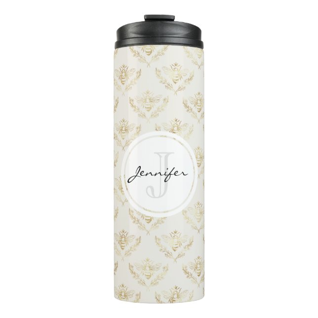 Golden Bumble Bee with a Crown Pattern Monogram Thermal Tumbler (Front)