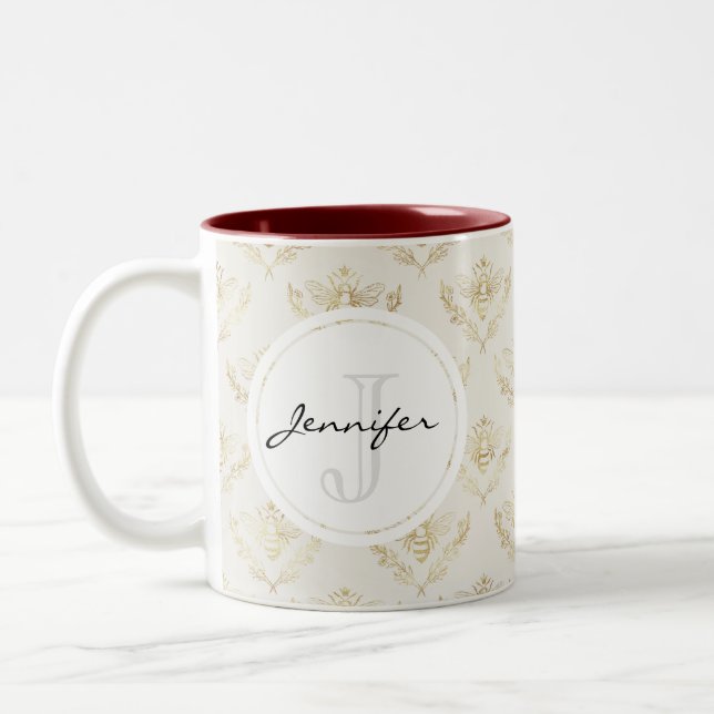 Golden Bumble Bee with a Crown Pattern Monogram Two-Tone Coffee Mug (Left)