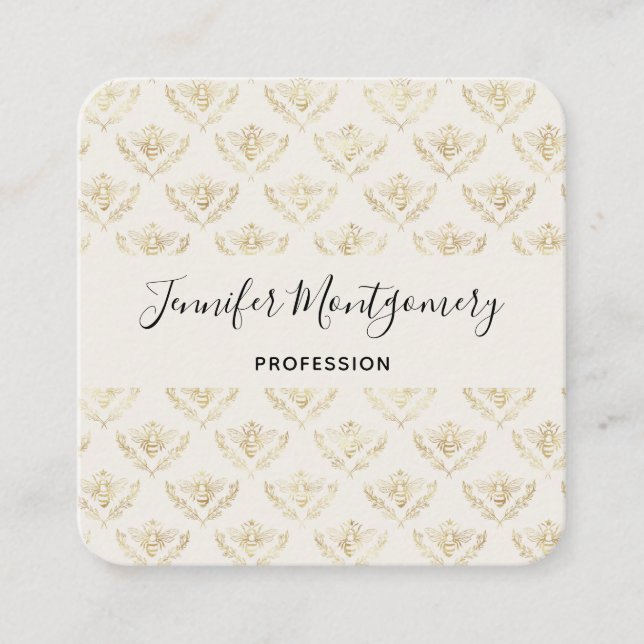 Golden Bumble Bee with a Crown Pattern Square Business Card (Front)