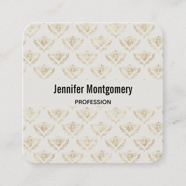 Golden Bumble Bee with a Crown Pattern Square Business Card (Front)