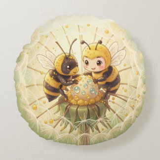 Golden Bumblebee in Bloom Dance.5 Round Cushion
