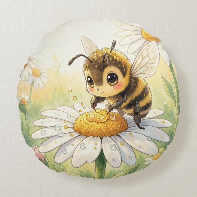 Golden Bumblebee in Bloom Dance Round Cushion (Front)
