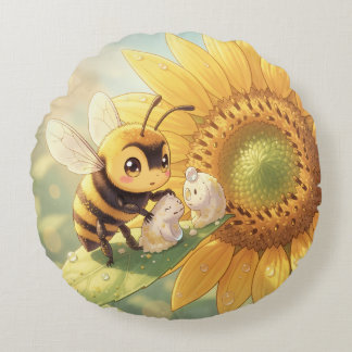 Golden Bumblebee in Flower Dance.4 Round Cushion