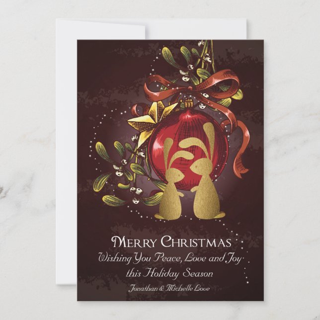 Golden Bunnies and Mistletoe Merry Christmas Flat Holiday Card (Front)