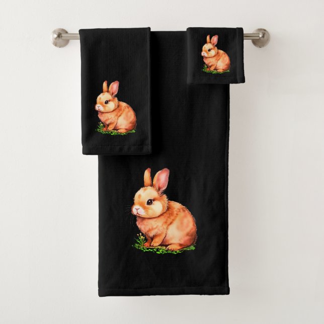 Golden Bunny on Black Bath Towel Set (Insitu)
